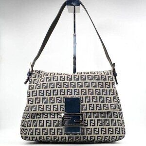 Authentic FENDI Mamma Zucca Bucket Baguette Navy Tan Flap Bag Purse Tote FF